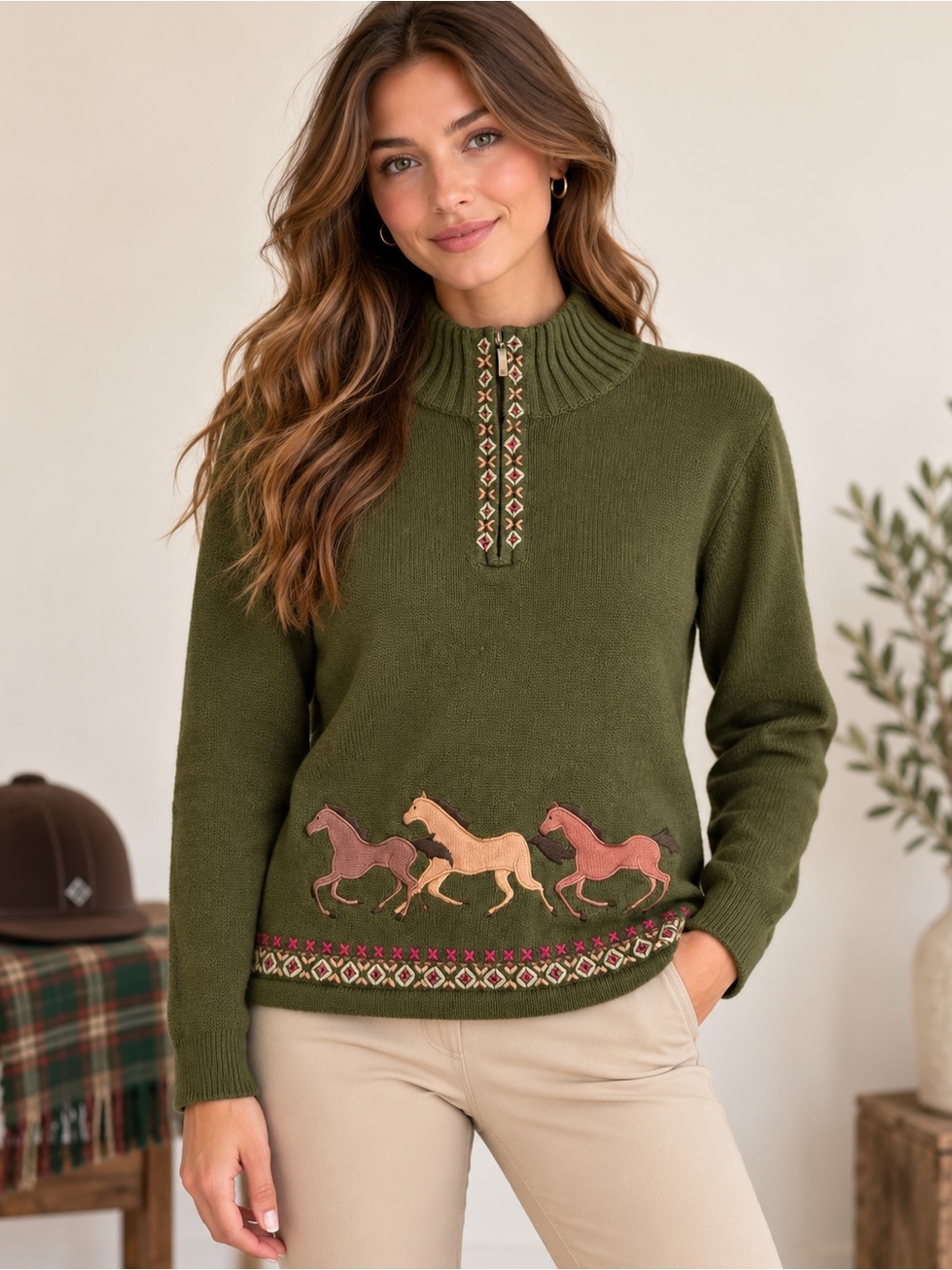 Vintage Mandal Bay Equestrian Horse Quarter Zip Sweater Olive Green M